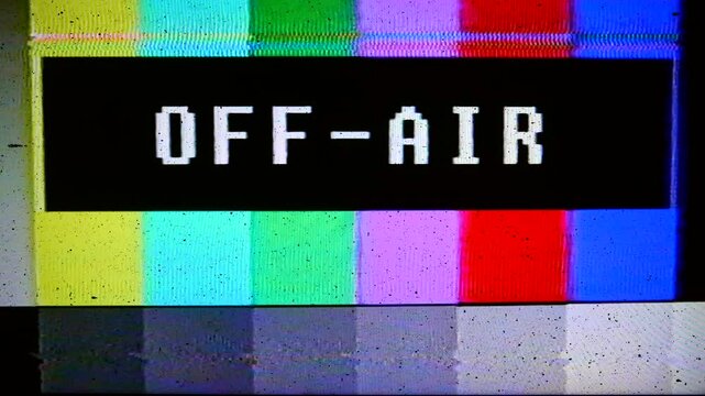 Color bars test broadcast pattern with the text off-air and static. All original elements manipulated on damaged analog tape, captured with a 4K camera.