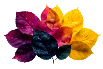 Colorful leaves with water droplets on a transparent background