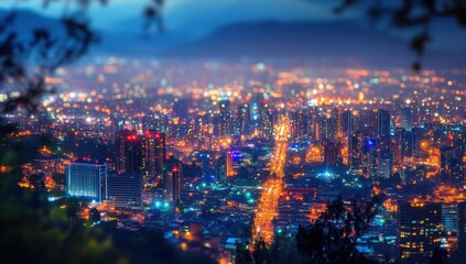 Obraz premium Night city lights blurred from a high vantage point