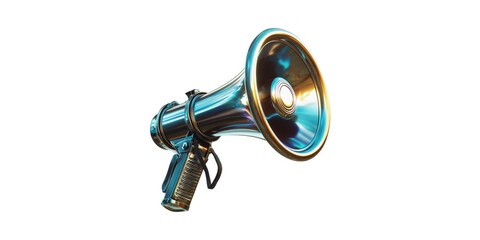 Shiny Metallic Megaphone. Symbol Of Communication And Public Announcement Isolated On Transparent Background