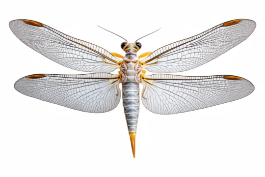 Mayfly poised for flight nature insect photography close-up delicate wings and tail filaments, isolated on transparent background