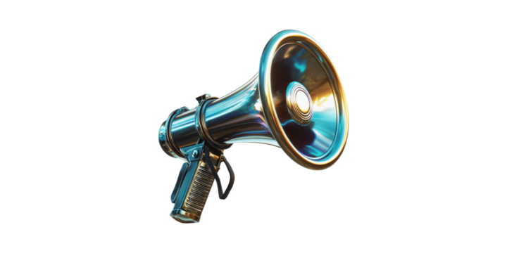 Shiny Metallic Megaphone. Symbol Of Communication And Public Announcement Isolated On Transparent Background