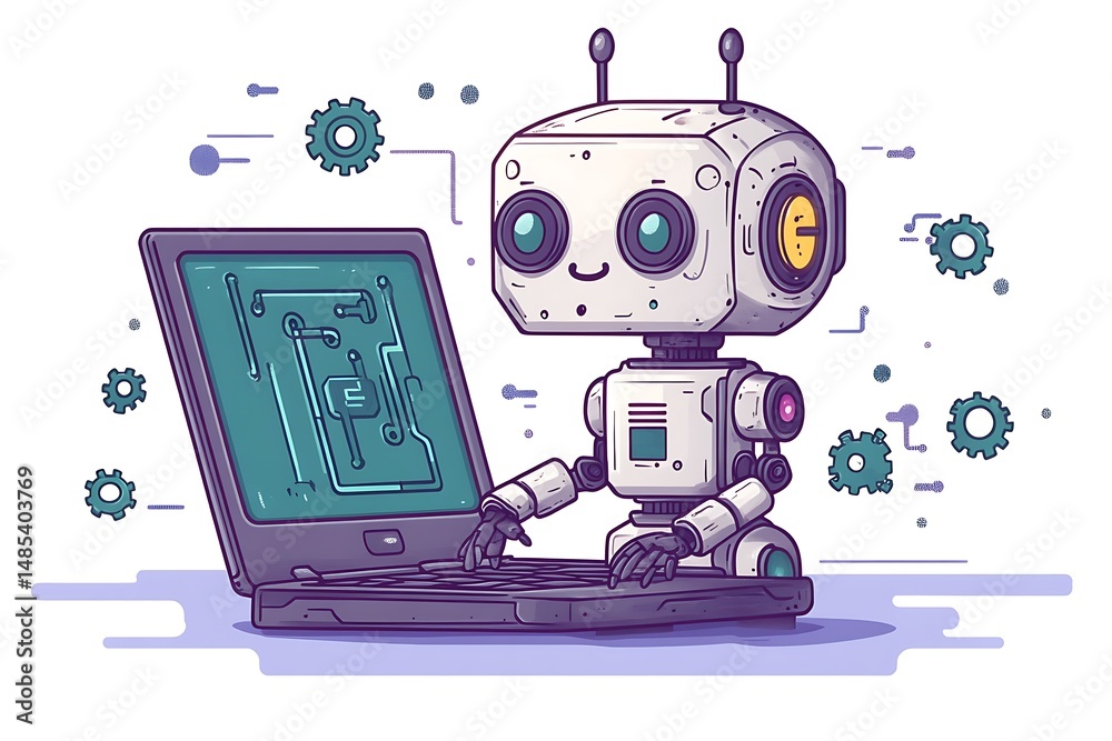 Wall mural cute cartoon robot programming on a laptop depicting modern technology and artificial intelligence