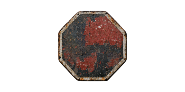 Weathered And Rusty Stop Sign. Symbol Of Urban Decay And Time Passage Isolated On Transparent Background