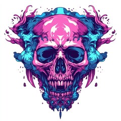 Vibrant skull design surrounded by swirling abstract shapes.