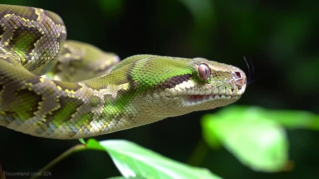 Emerald Tree Python Coiled on Branch &ndash; Sunlit Scales & Flicking Tongue in Lush Jungle
