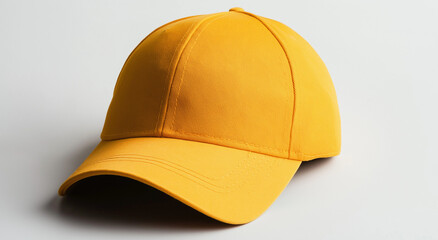Boné de beisebol amarelo liso, vista frontal, deitado sobre fundo branco