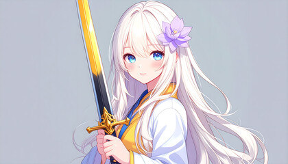 Obraz premium Anime Girl with Long White Hair Holding a Gold Sword, Digital Illustration