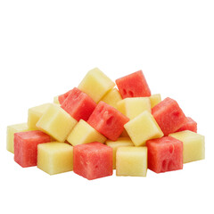 A vibrant assortment of cubed watermelon and cantaloupe stacked artfully on a white background