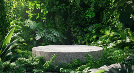 Um pódio circular de pedra cercado por uma vegetação verdejante, perfeito para exibir produtos ou designs.