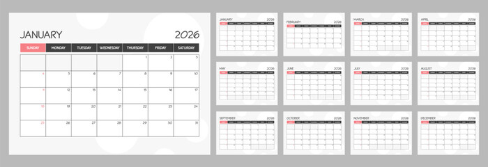 2026 monthly blank red calendar planner with week starts on Sunday