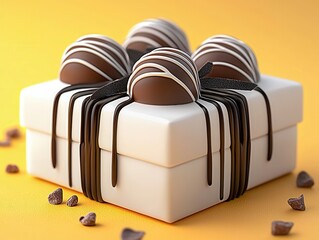 White Gift Box with Four Drizzled Chocolate Truffles on Yellow Background