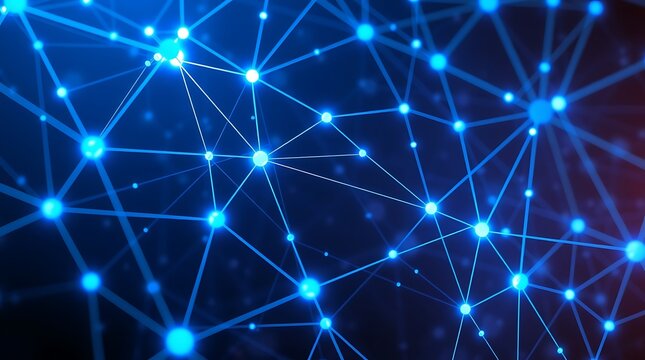 A digital network with glowing blue nodes connected by lines against a dark background with bokeh effect
