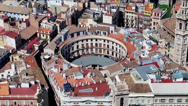 Round Square At Valencia In Valence Community Spain. Medieval Buildings Scenery. Downtown Cityscape. Valencia At Valence Community Spain. Cultural Heritage Skyline. Urban Scene.