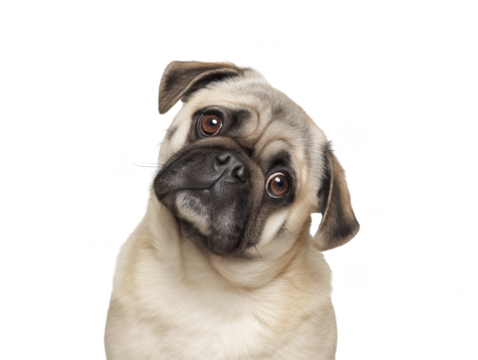 Close-up portrait of a pug with light fawn fur and expressive eyes isolated on transparent background