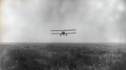 Vintage biplane flying over field