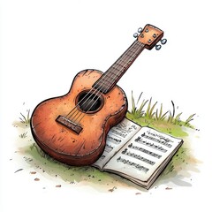Worn Acoustic Guitar and Sheet Music Watercolor Illustration