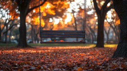A wooden bench is suspended in the air over a field of autumn leaves