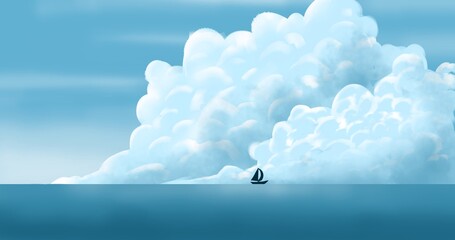 Minimalist Ocean Scene with Sailboat and Dramatic Cloudscape. Minimalist seascape art ideal for prints, backgrounds, or editorial use.