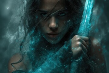 Intense female warrior figure with a glowing blade.