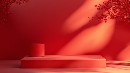Obraz premium Red Podium Display Background with Leaves