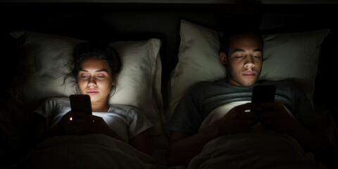 Young couple lying in bed using their smart phones. Bored man and woman ignoring each other while using mobile phones. Addiction to social media and technology.