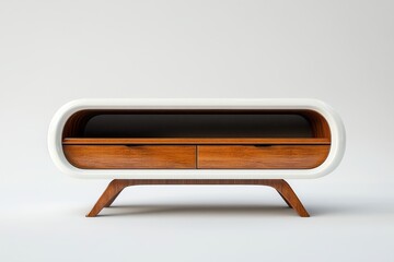 Mid-century modern low media console with curved white body and two wooden drawers