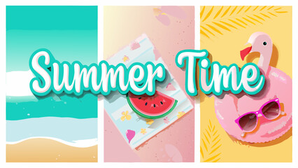 Collage of summer themed images featuring a beach, watermelon, flamingo and sunglasses, all vibrant colors