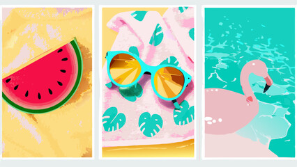Three panels showing watermelon, sunglasses on towel, and flamingo in water, summer themed illustration