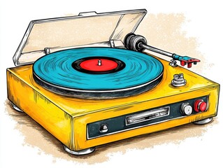 Yellow Vintage Turntable with Teal Vinyl Record, Hand Drawn Illustration