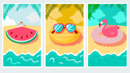 Illustrations of summer beach scenes with watermelon, sunglasses, and flamingo float on beach sand art prints