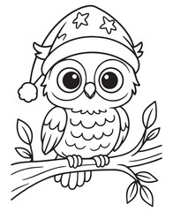 Coloring book owl with a Santa hat sits on a branch. Line art coloring page education for kid 