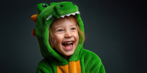 Naklejka premium Happy child wearing plush dinosaur costume on solid background.