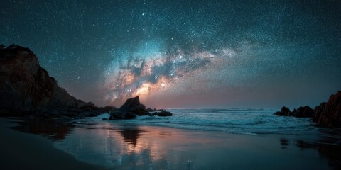 Starry night sky over a tranquil beach scene