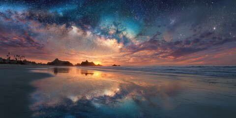 Stunning celestial display reflected on a tranquil beach.
