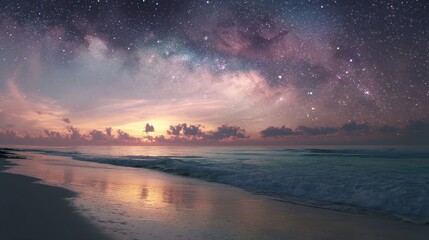 Starry night sky over a tranquil ocean beach.