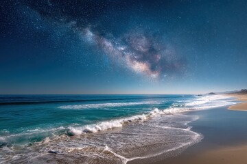A celestial beach scene under a night sky filled with stars.