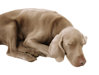 Light brown Weimaraner dog sleeping on its side with head on paws, isolated on transparent background