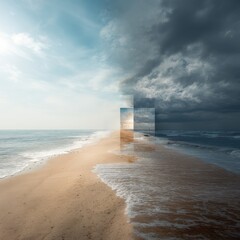 A contrasting beach scene juxtaposing light and shadow.