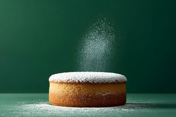 A round cake dusted with powdered sugar in a  setting.