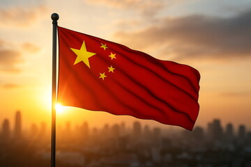 Flag of China waving on a flagpole against a beautiful bright golden sunset sky over a blurred city skyline backdrop showcasing national pride, international relations, and country identity concept.