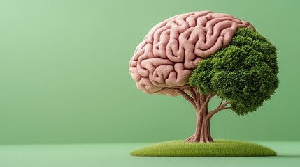3D Render of Brain Tree Lush Green Leaves on Pale Green Background