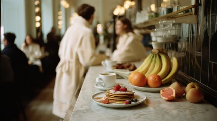 A cozy café scene with guests in robes chatting, while fresh fruit, coffee, and pancakes tease a morning delight on the countertop.