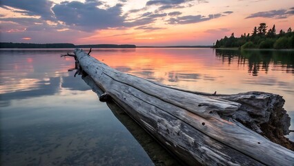 Fototapeta premium Serene Sunset over Calm Lake with Weathered Log in Foreground