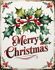 Festive Merry Christmas Holiday Greeting Decorated with Holly Berries and Green Leaves