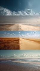Four layered horizontal landscape scenes of beach and dunes.