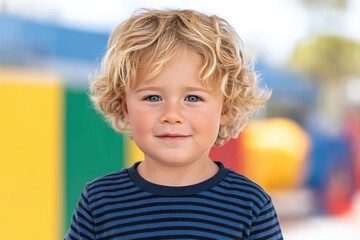 Joyful young boy with curly hair smiling confidently against a vibrant playground background showcasing bold primary colors and charismatic innocence beautifully captured in a playful moment