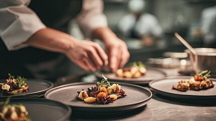 Chef's hands plating gourmet dishes in a modern kitchen, shallow depth of field, cinematic focus