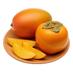 Fresh mango and persimmon on a plate with sliced fruit, bright and vibrant colors