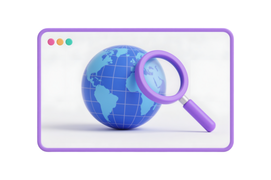 A magnifier glass icon on the internet shows a zoom over a map of Europe for a search